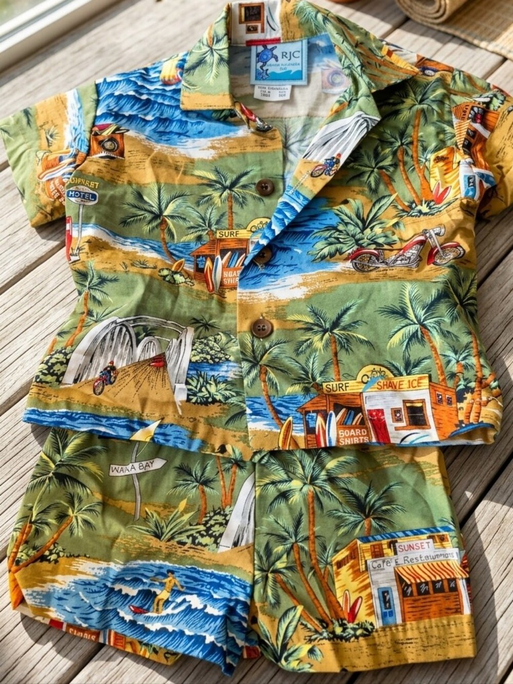 Vintage Rjc Green Tropical Surf Print Kids Set